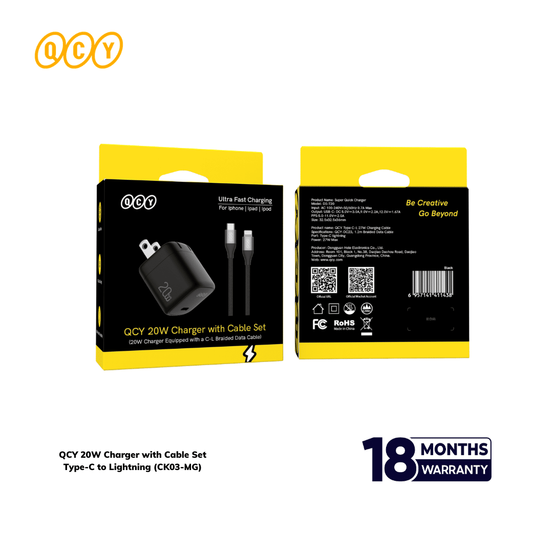 QCY 20W Charger with Cable Set Type-C to Lightning (CK03-MG)