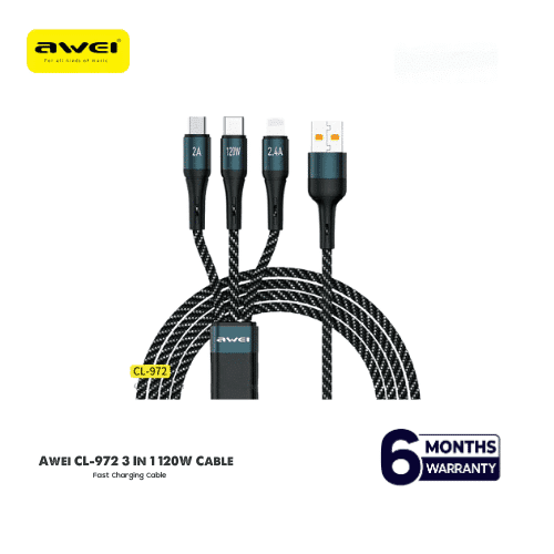 Awei CL-972 3 In 1Fast Charging Cable 120W Multi Usb Port Charging Cord USB Type C Micro Data Cable